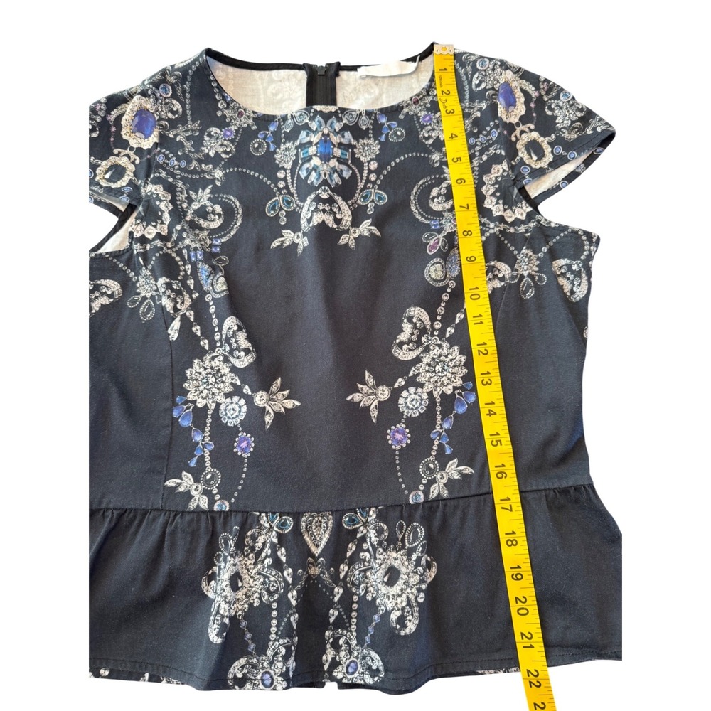 Anne Fontaine Saya Black Jewel Print Peplum Top‎ Cap Sleeve Cotton Blouse 42 - Picture 2 of 8